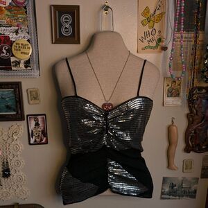 Vintage Sparkly Tank Top Women's XS/Small Black Silver Ruched Metallic Disco